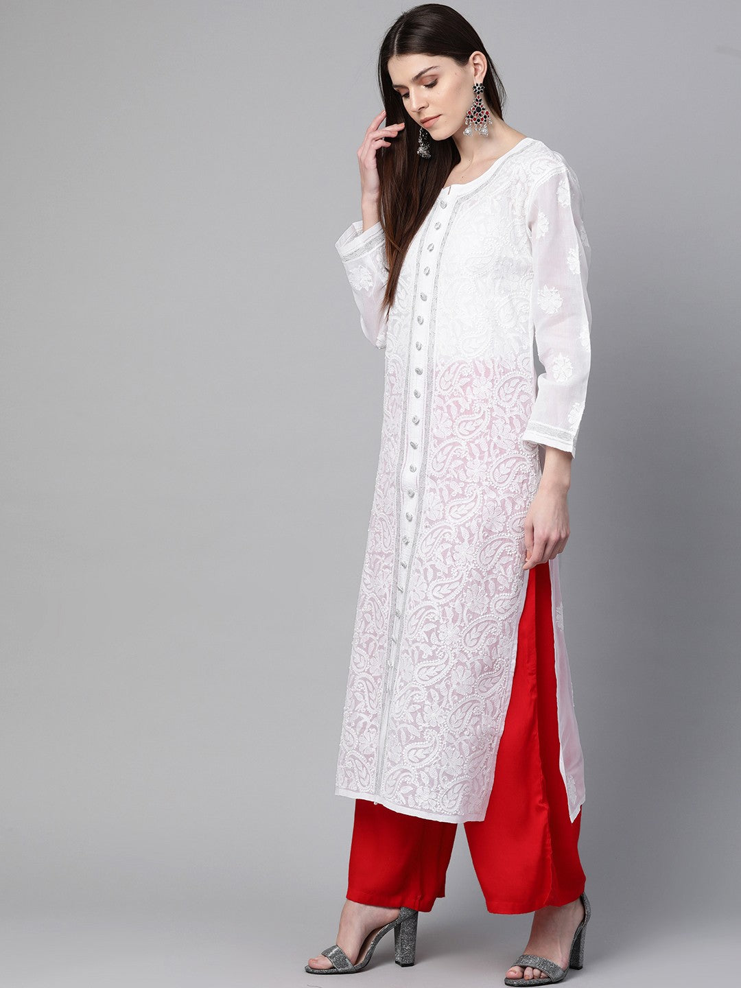Ada Hand Embroidered White Cotton Lucknowi Chikankari Straight Kurta With Zari Work A345926