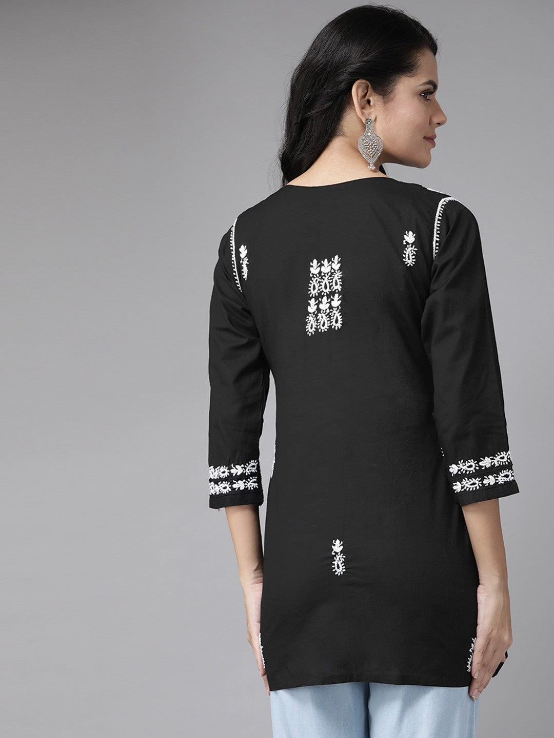 Ada Hand Embroidered Black Cotton Lucknowi Chikankari Straight Kurti- A911118