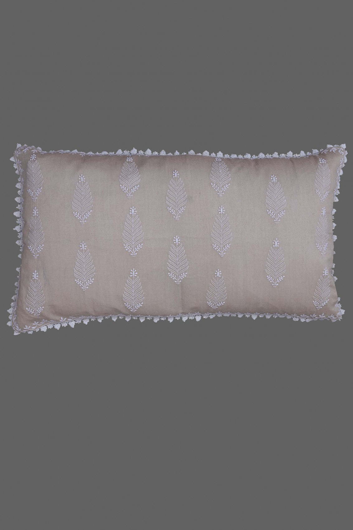 Ada Hand Embroidered Fawn Tusser Silk Lucknowi Chikankari Pillow Cover A507374