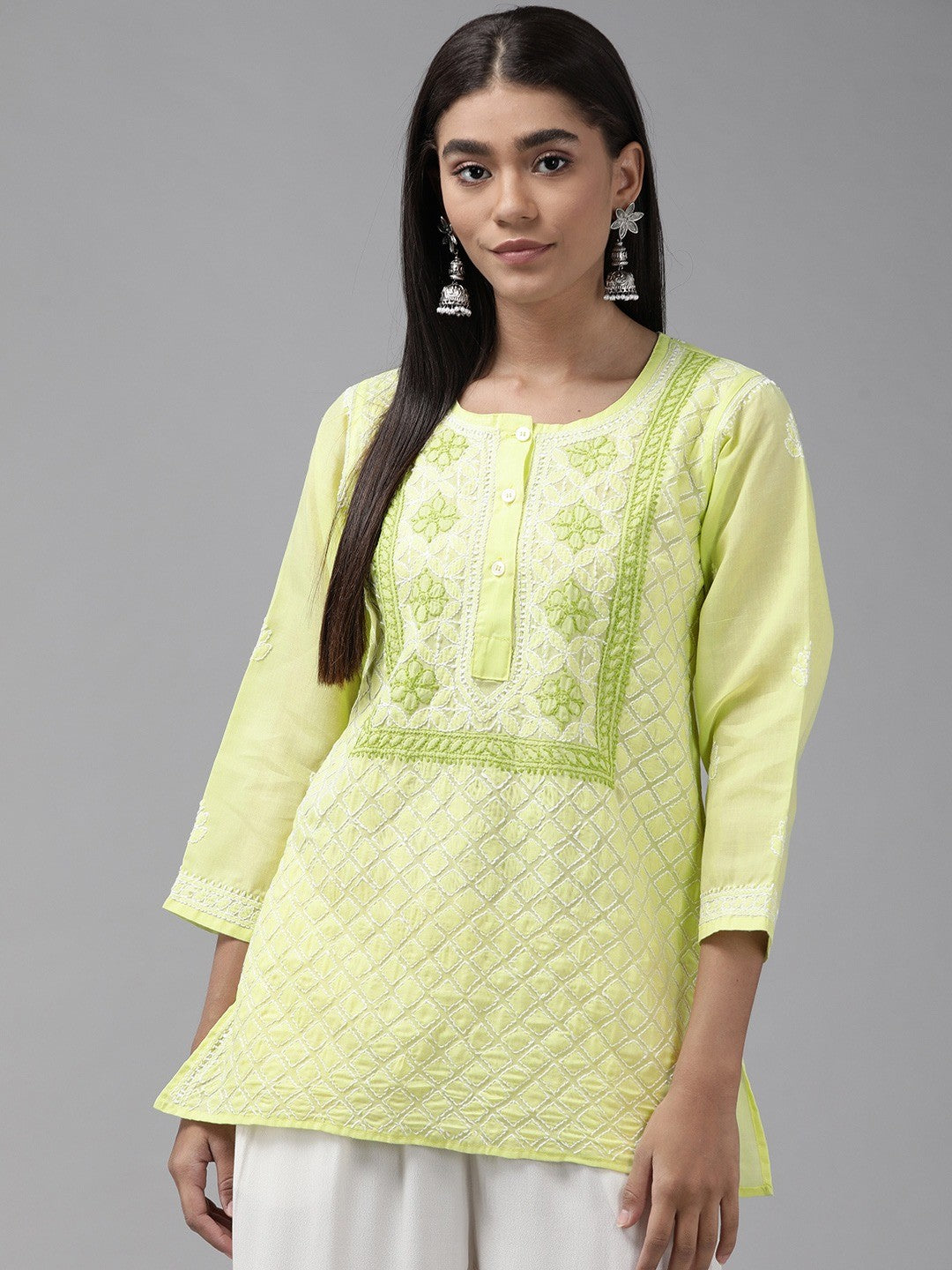 Ada Hand Embroidered Green Cotton Lucknowi Chikankari Straight Kurti A911247