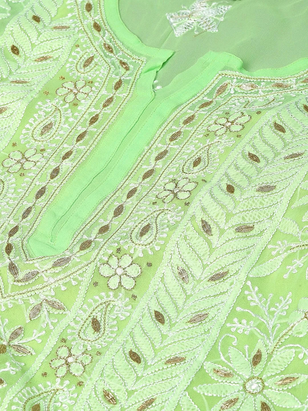 Ada Hand Embroidered Green Georgette Lucknowi Chikankari Straight Kurta/Slip With Gota Patti Work A411110