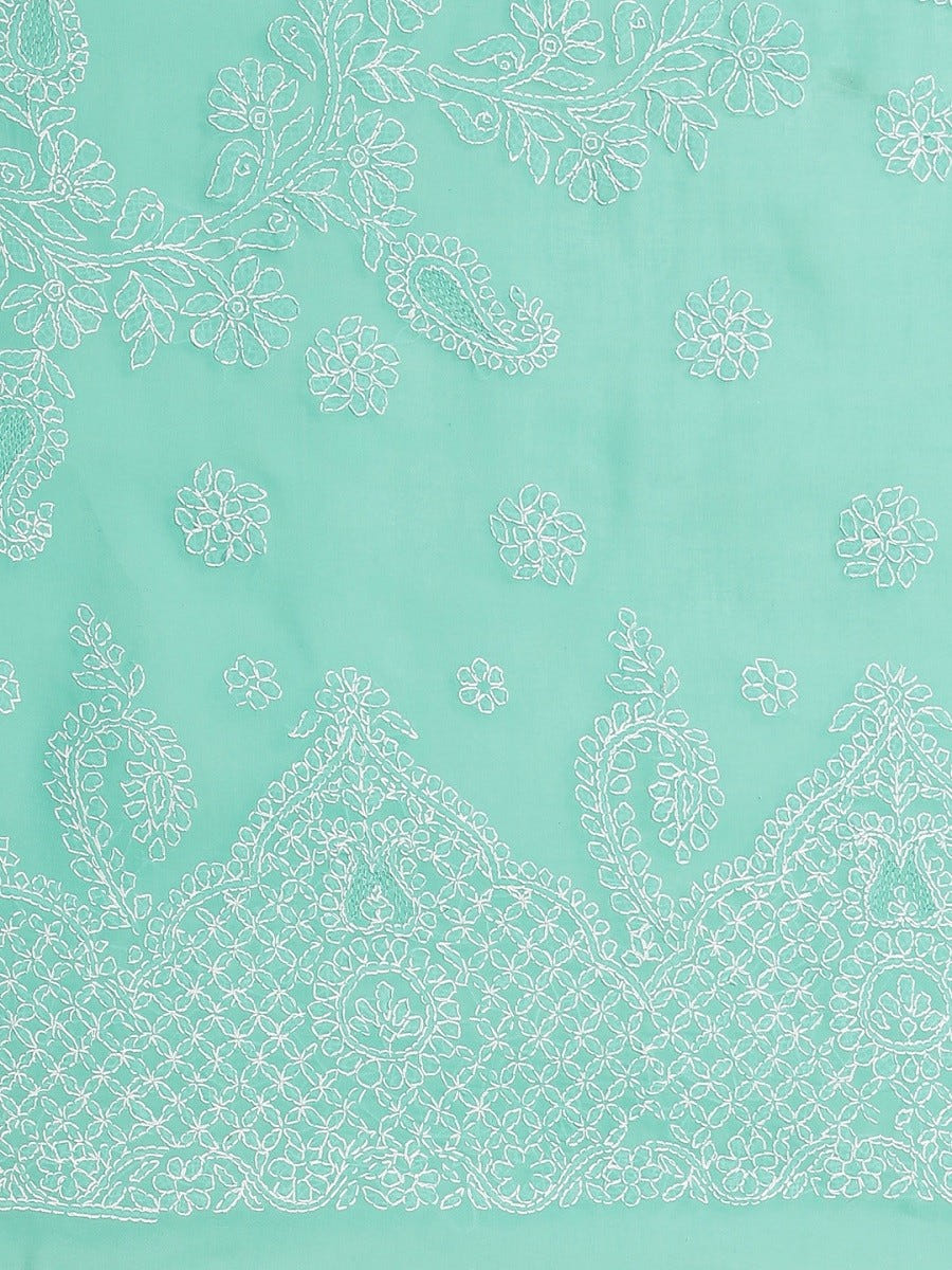 Ada Hand Embroidered Sea Green Cotton Lucknow Chikan Saree With Blouse- A311160