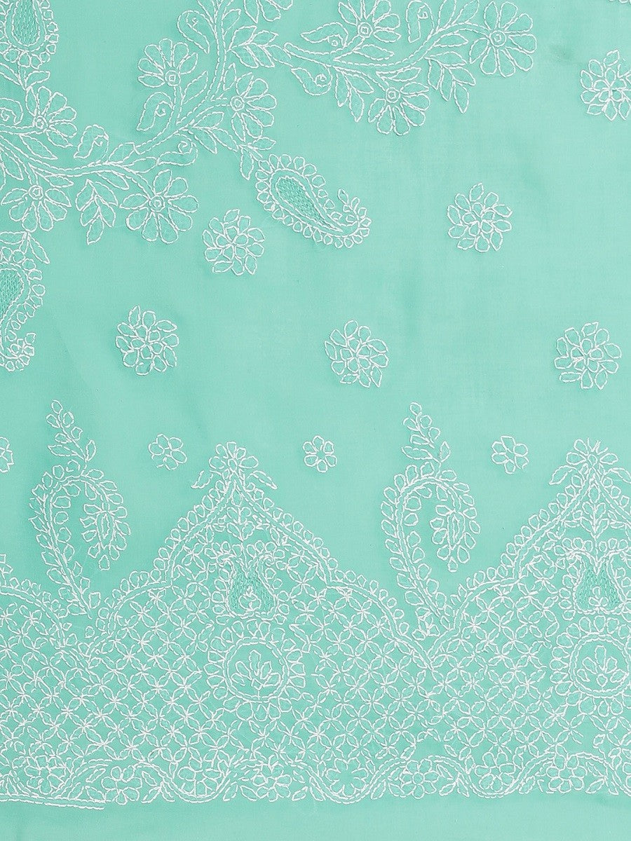 Ada Hand Embroidered Sea Green Cotton Lucknow Chikan Saree With Blouse- A311160
