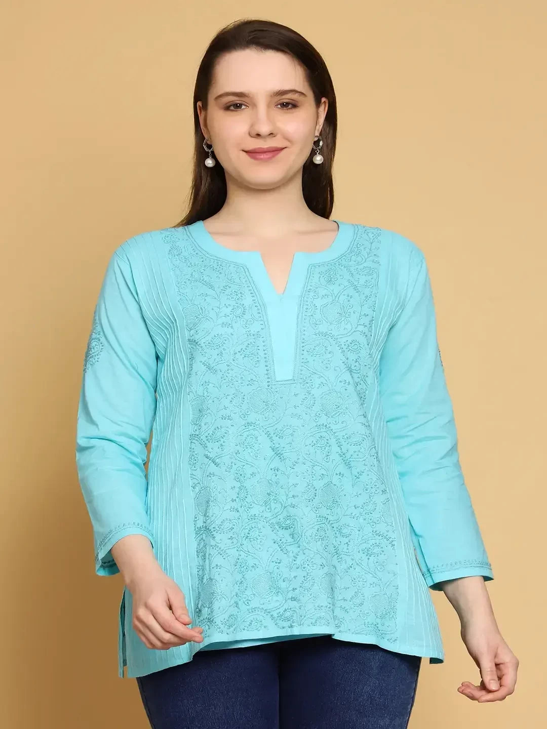 Ada Hand Embroidered Sea Green Cotton Lucknowi Chikankari Straight Kurti A911310