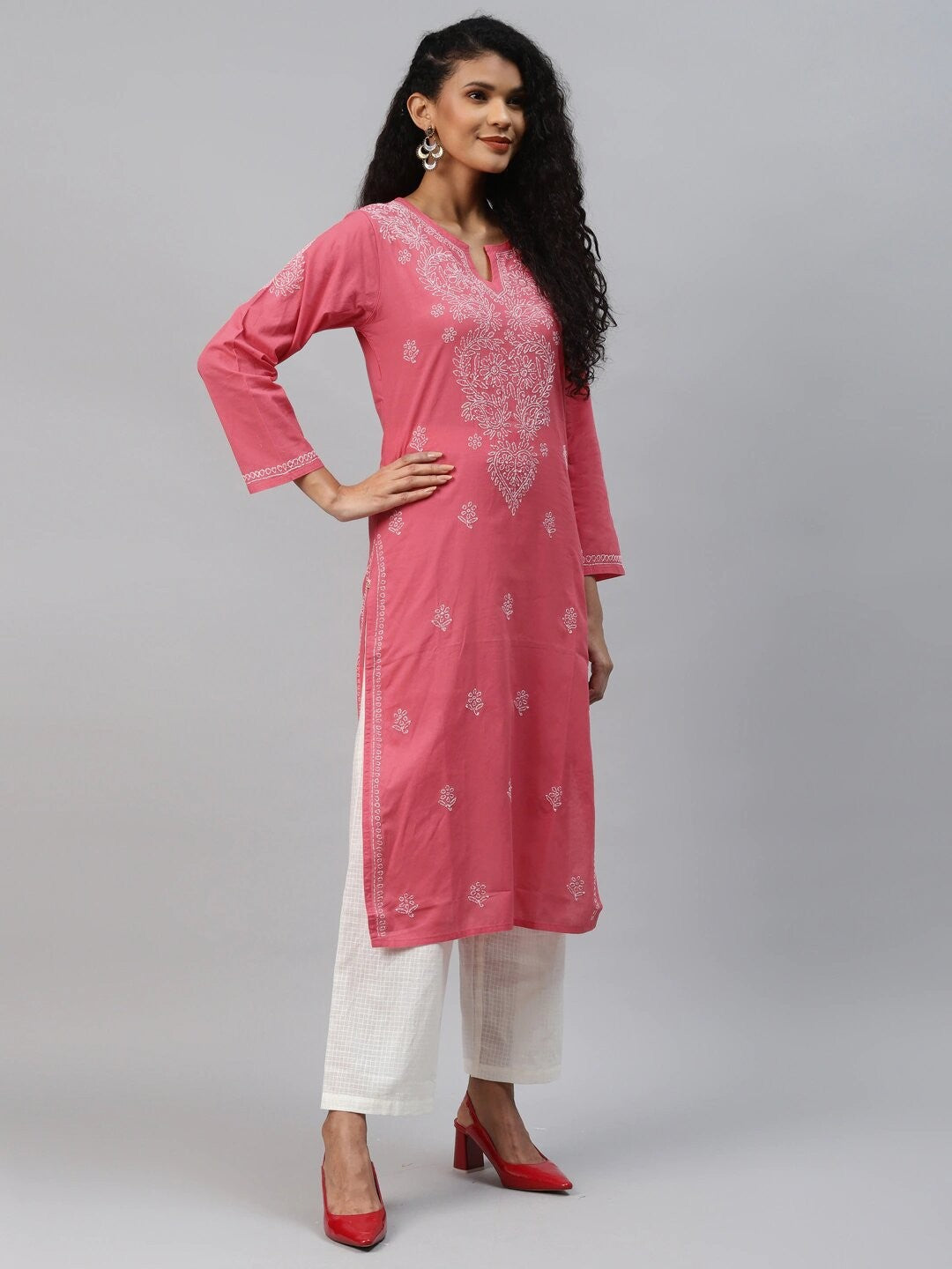 Ada Hand Embroidered Carrot Pink Cotton Lucknow Chikankari Kurta A207902