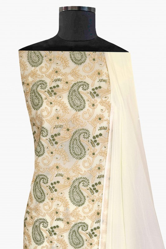 Ada Hand Embroidered Cream Cotton Lucknowi Chikan Unstitched Suit Piece- A211112