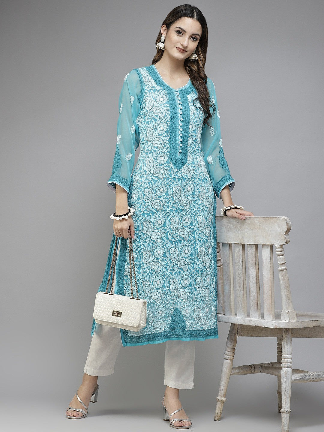 Ada Hand Embroidered Turquoise Blue Georgette Lucknowi Chikankari Straight Kurta With Slip A225706
