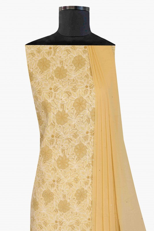 Ada Hand Embroidered Fawn Cotton Lucknowi Chikan Unstitched Suit Piece With Muqaish Work-A623694
