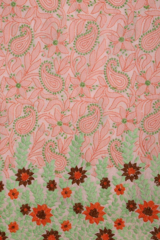 Ada Hand Embroidered Peach Cotton Lucknowi Chikan Unstitched Suit Piece-A100162