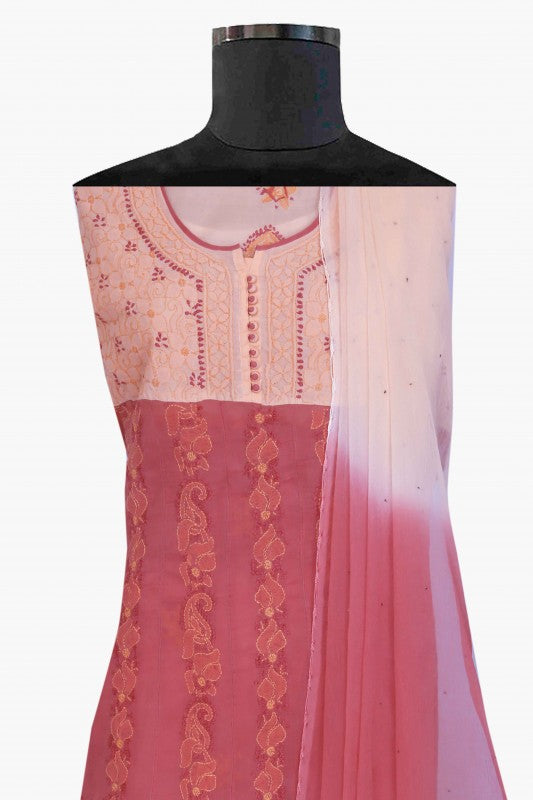 Ada Hand Embroidered Peach/Blush Red Cotton Lucknowi Chikan Unstitched Suit Piece A609640