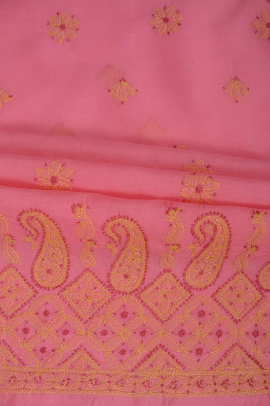 Ada Hand Embroidered Coral Pink Cotton Lucknowi Chikan Unstitched Suit Piece A609845