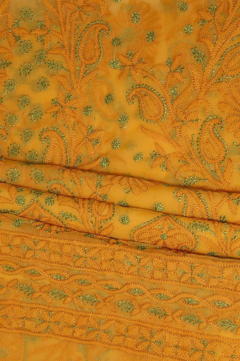 Ada Hand Embroidered Mustard Georgette Lucknowi Chikan Unstitched Suit Piece-A211181
