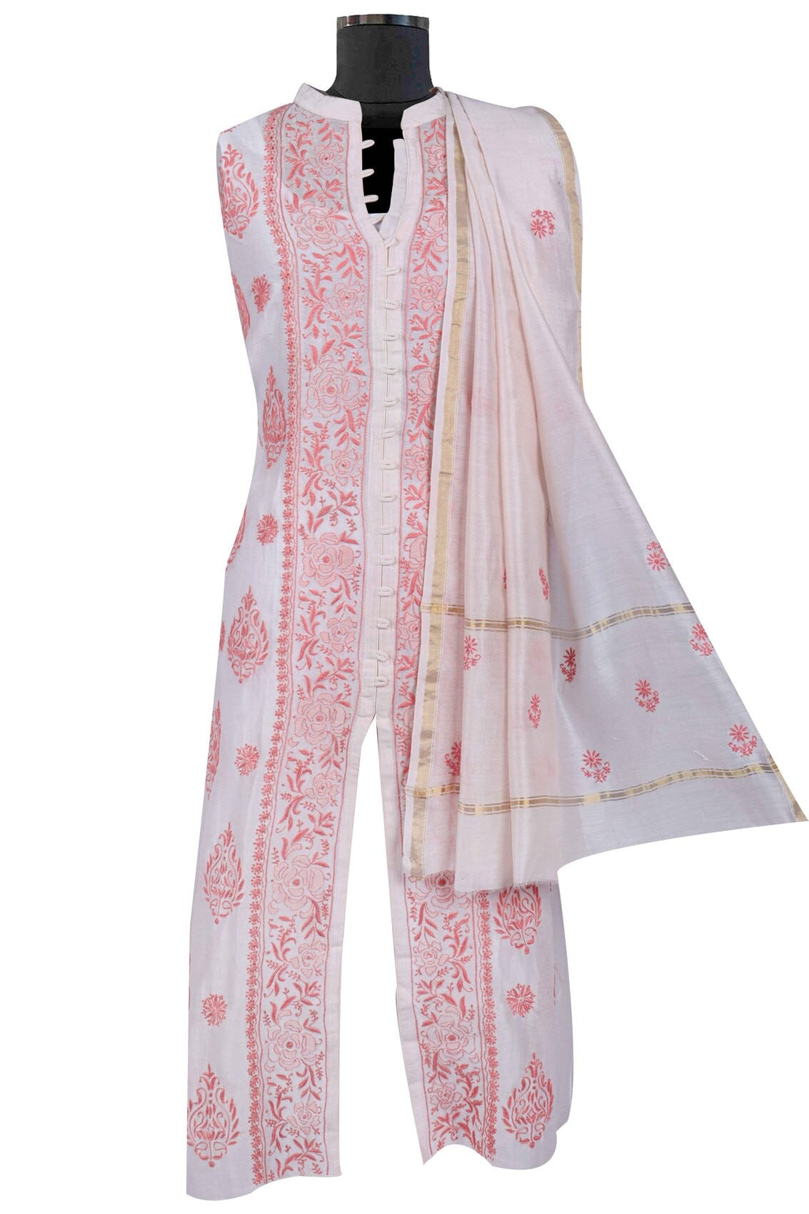 Ada Hand Embroidered Cream Chanderi Lucknowi Chikankari Semi-stitched Kurta Dupatta Set A497295