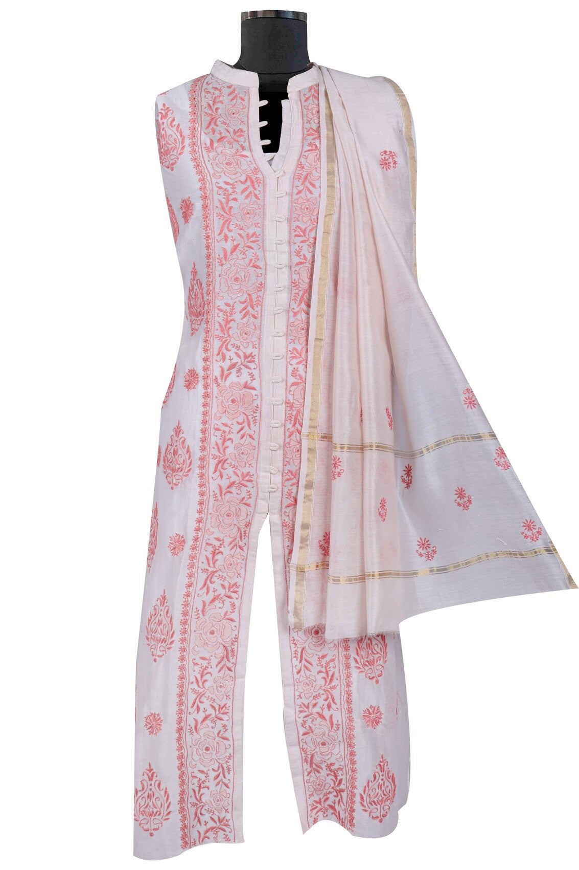 Ada Hand Embroidered Cream Chanderi Lucknowi Chikankari Semi-stitched Kurta Dupatta Set A497295