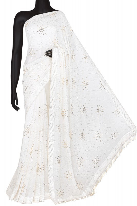 Ada Hand Embroidered White Pure Georgette Lucknowi Chikankari Saree /Blouse With Muqaish Work- A602583