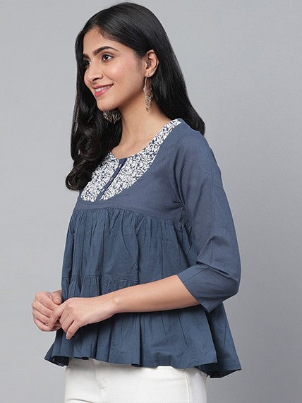 Ada Hand Embroidered Blue Cotton Lucknowi Chikankari Top A911110
