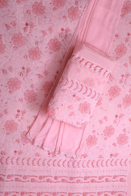 Ada Hand Embroidered Light Pink Cotton Lucknowi Chikan Unstitched Suit Piece-A100301