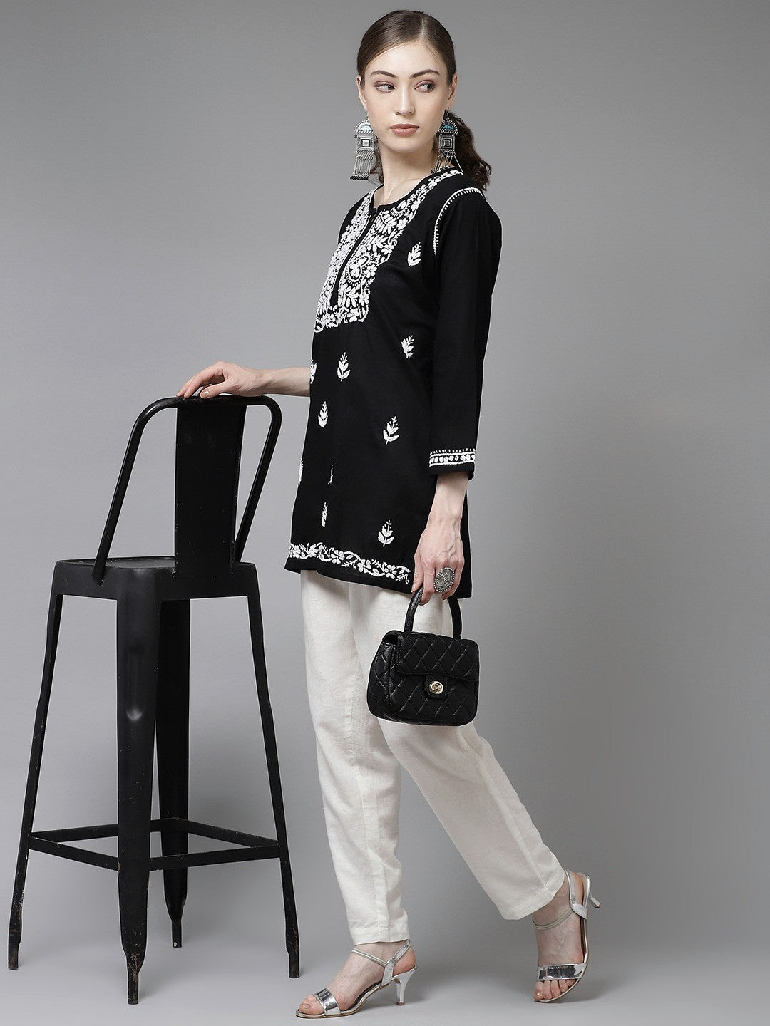 Ada Hand Embroidered Black Cotton Lucknow Chikan Short Kurti A911131