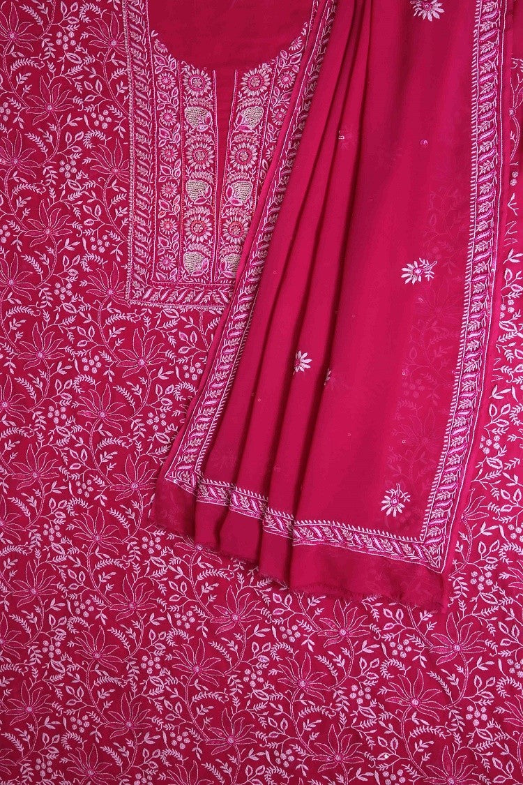 Ada Hand Embroidered Magenta Pure Georgette Lucknowi Chikan Unstitched Kurta Dupatta Set with Pearl Work A604158
