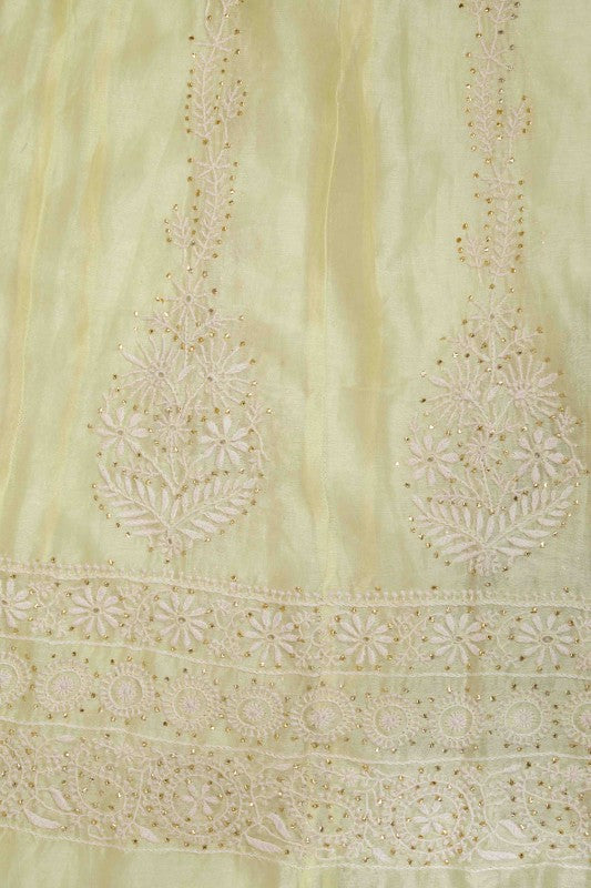 Ada Hand Embroidered Lemon Chanderi Lucknowi Chikankari Semi-Stitched Anarkali Kurta Dupatta Set With Muqaish Work A559713