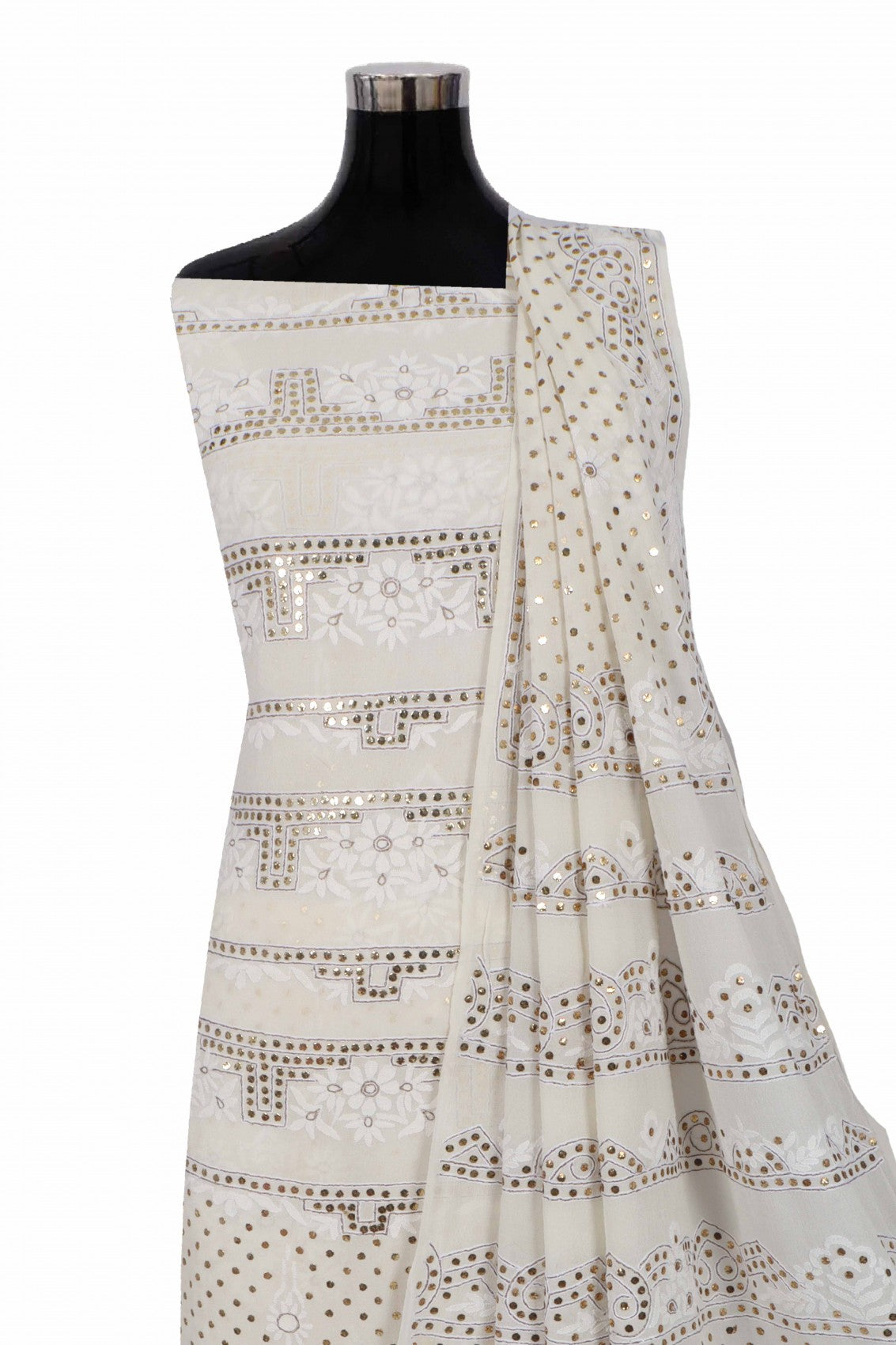 Ada Hand Embroidered Off White Pure Georgette Lucknowi Chikankari Unstitched Kurta Dupatta Set With Muqaish Work A414394