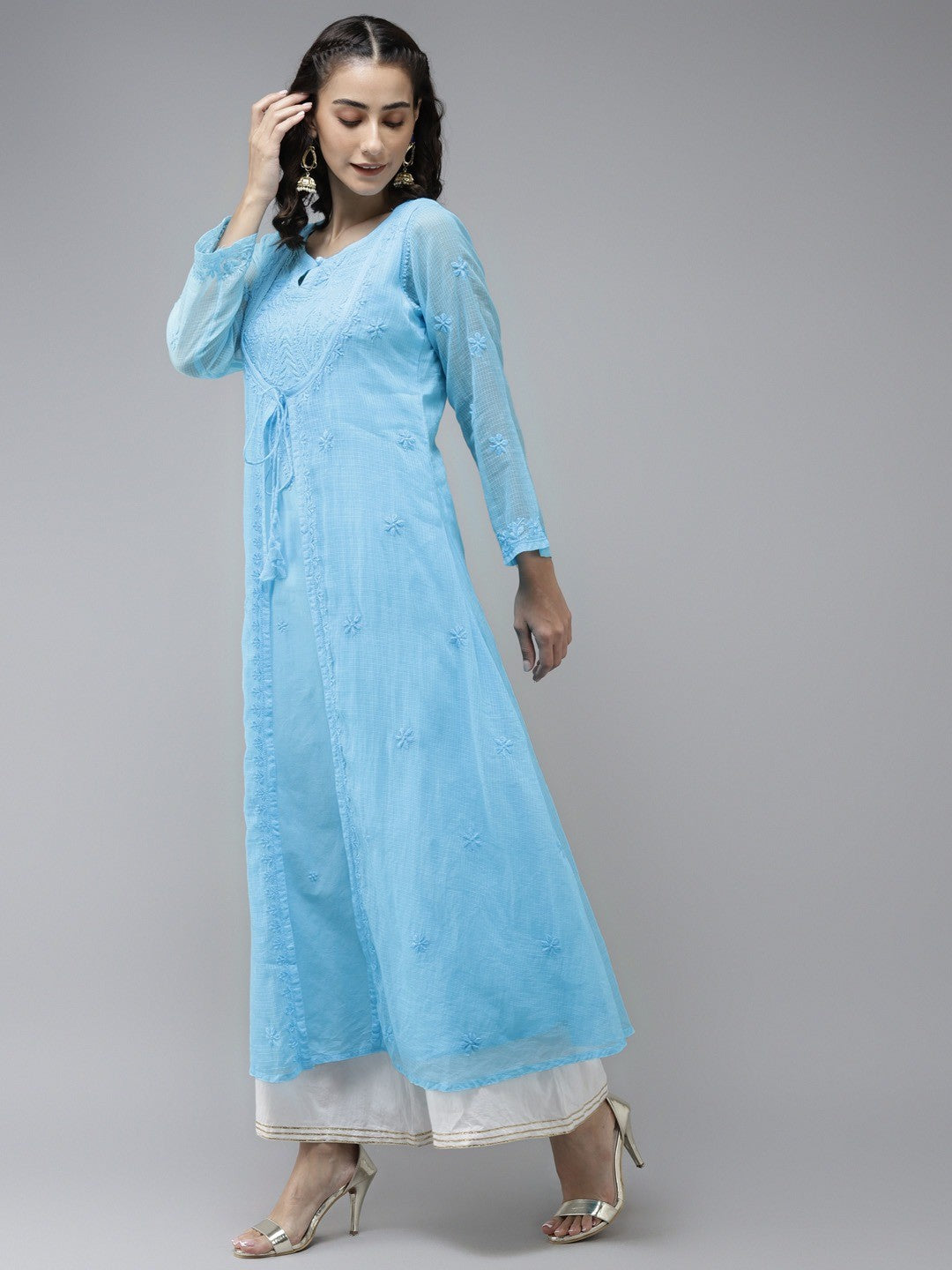 Ada Hand Embroidered Firozi Blue Kota Lucknowi Chikankari A-Line Kurta A411231