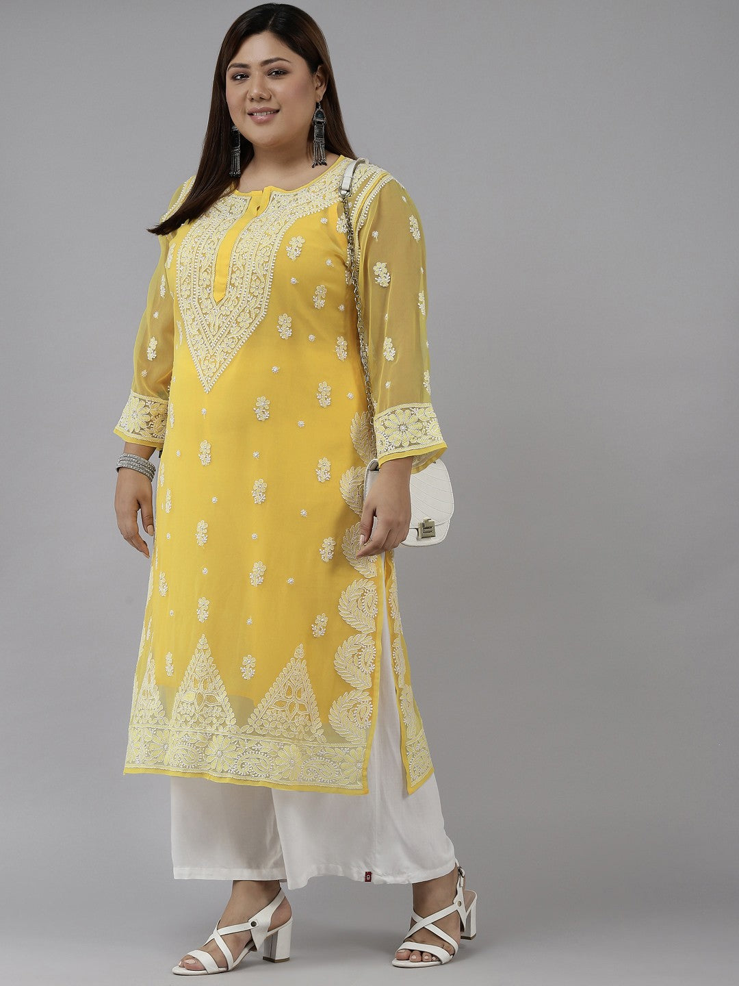 Ada Hand Embroidered Yellow Georgette Lucknowi Chikankari Straight Kurta With Slip A411195