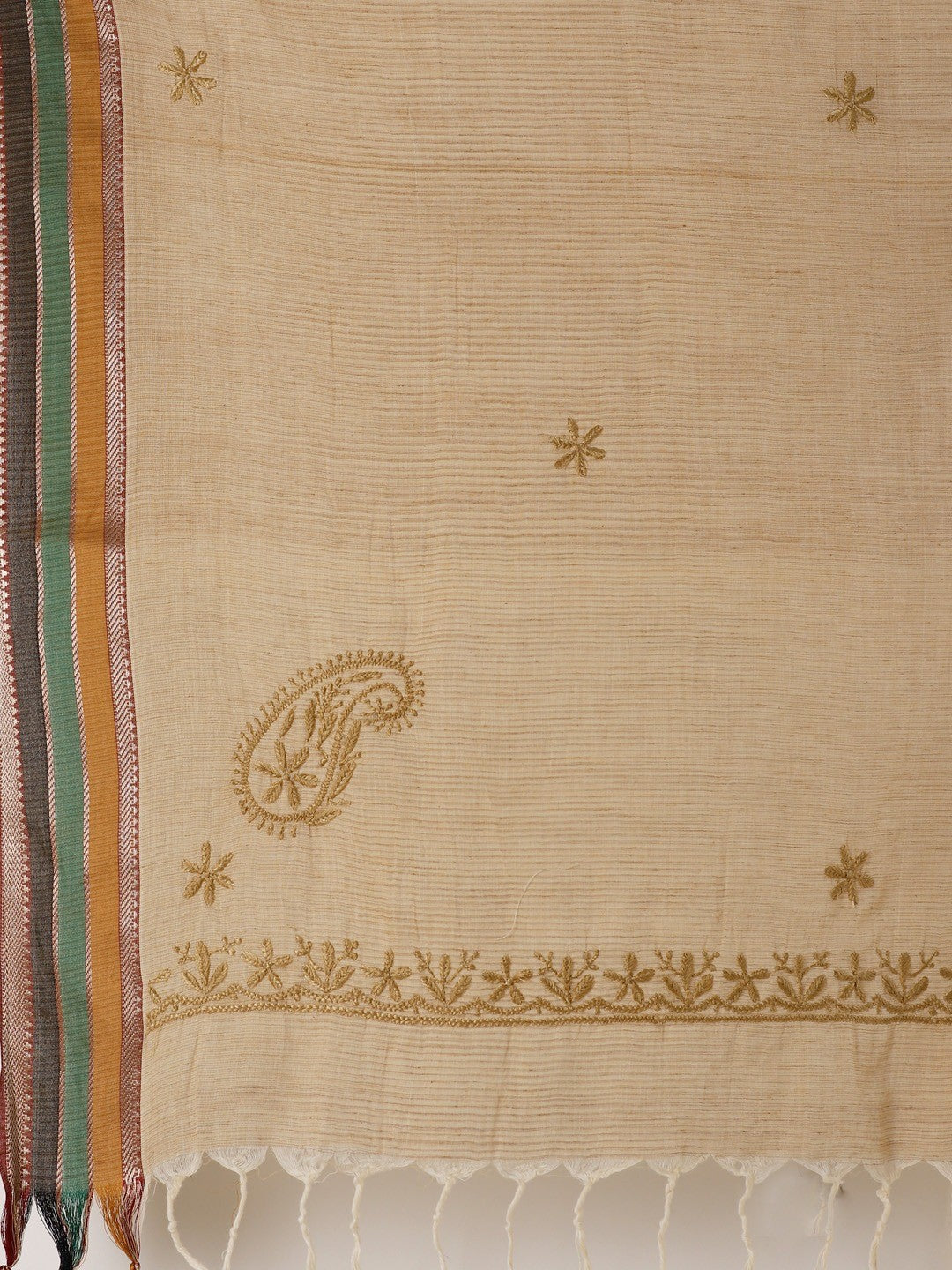 Ada Hand Embroidered Fawn Cotton Lucknow Chikan Dupatta A100446
