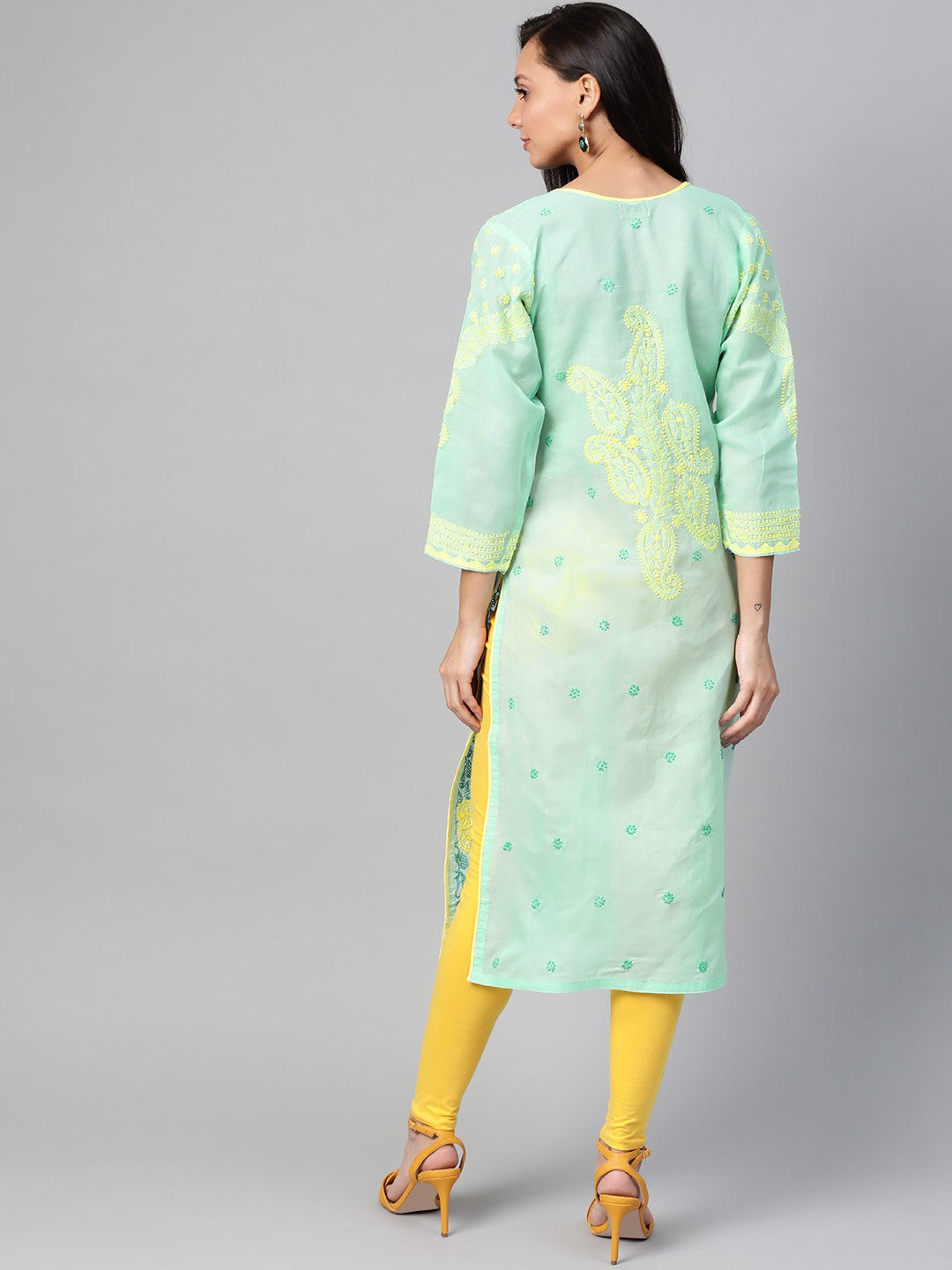 Ada Hand Embroidered Sea Green Cotton Lucknowi Chikankari Straight Kurta A100439