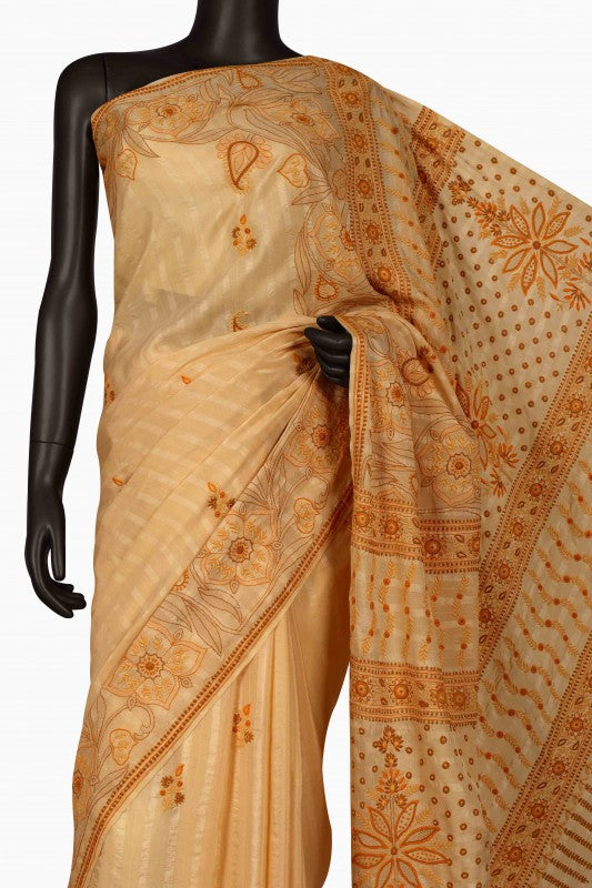 Ada Hand Embroidered Fawn Crepe Lucknowi Chikankari Saree With Blouse A108882