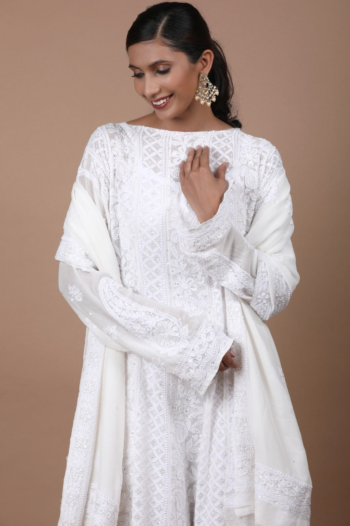 Ada Hand Embroidered White Pure Georgette Lucknowi Chikankari Semi-Stitched Anarkali Kurta Dupatta Set With Pearl Work 01A238020