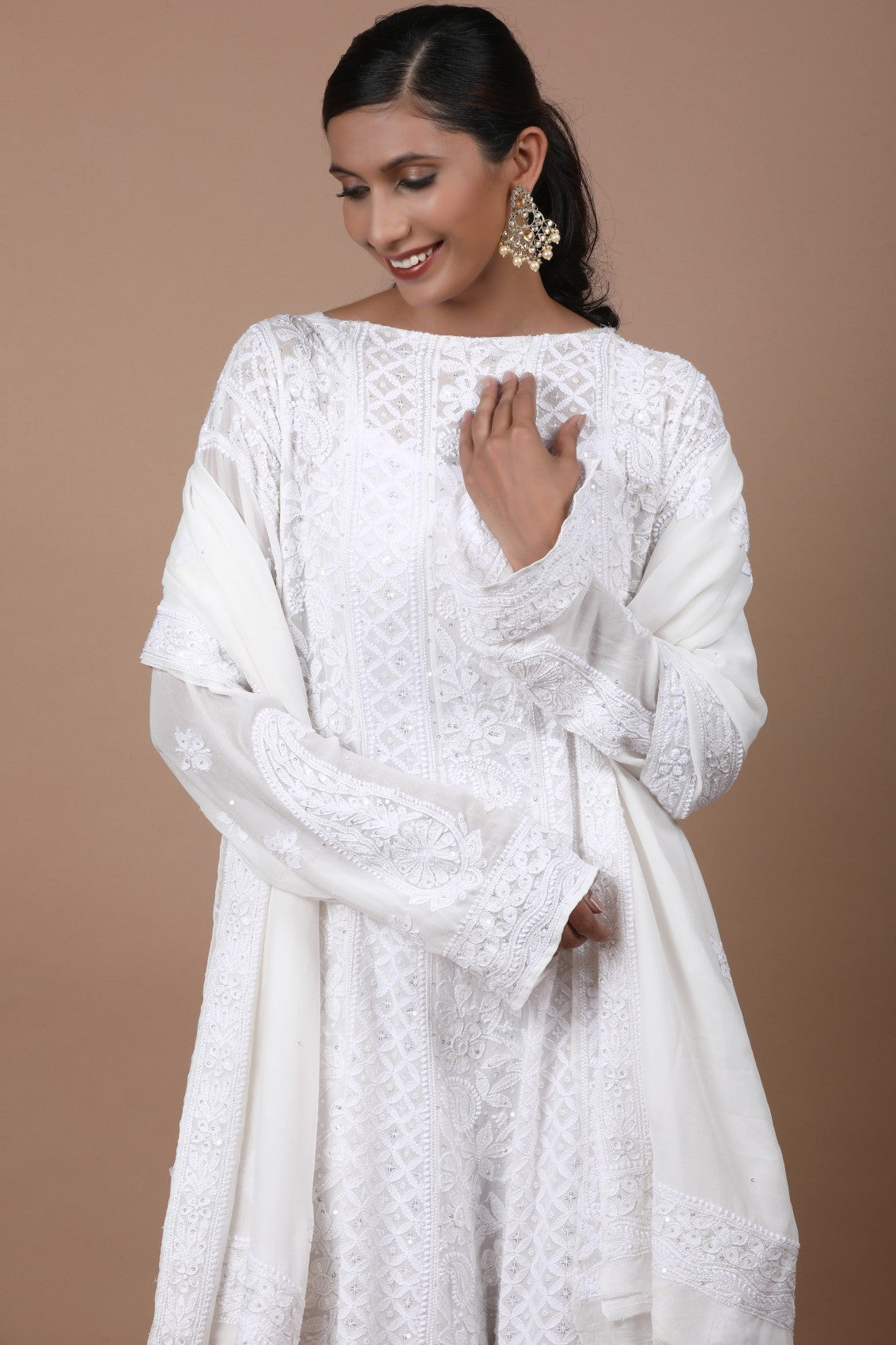 Ada Hand Embroidered White Pure Georgette Lucknowi Chikankari Semi-Stitched Anarkali Kurta Dupatta Set With Pearl Work 01A238020