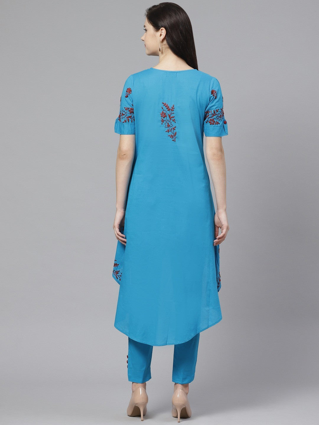 Ada Hand Embroidered Blue Cotton Lucknowi Chikankari Straight Kurta With Trouser Set A100325