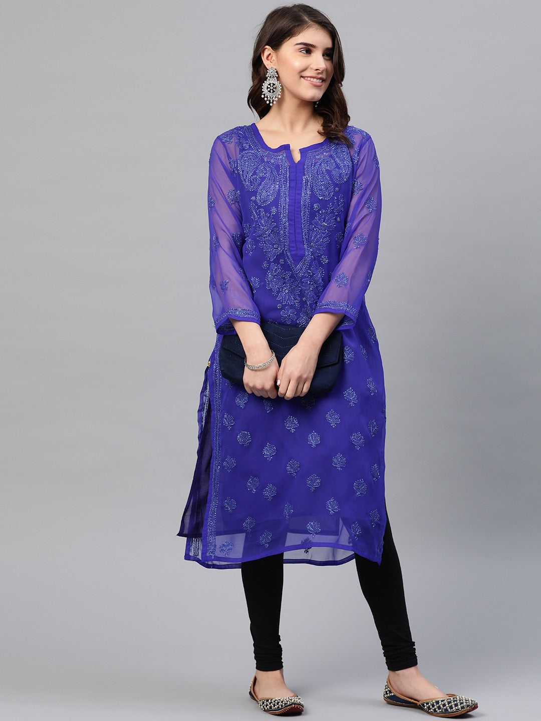 Ada Hand Embroidered Royal Blue Georgette Lucknow Chikan Kurta with Slip A229395