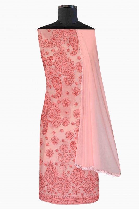 Ada Hand Embroidered Light Pink Cotton Lucknowi Chikan Unstitched Suit Piece-A211117