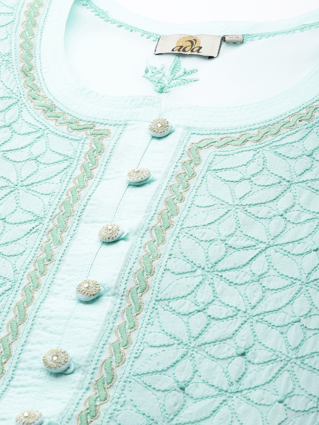 Ada Hand Embroidered Sea Green Cotton Lucknow Chikan Straight Kurta A411245