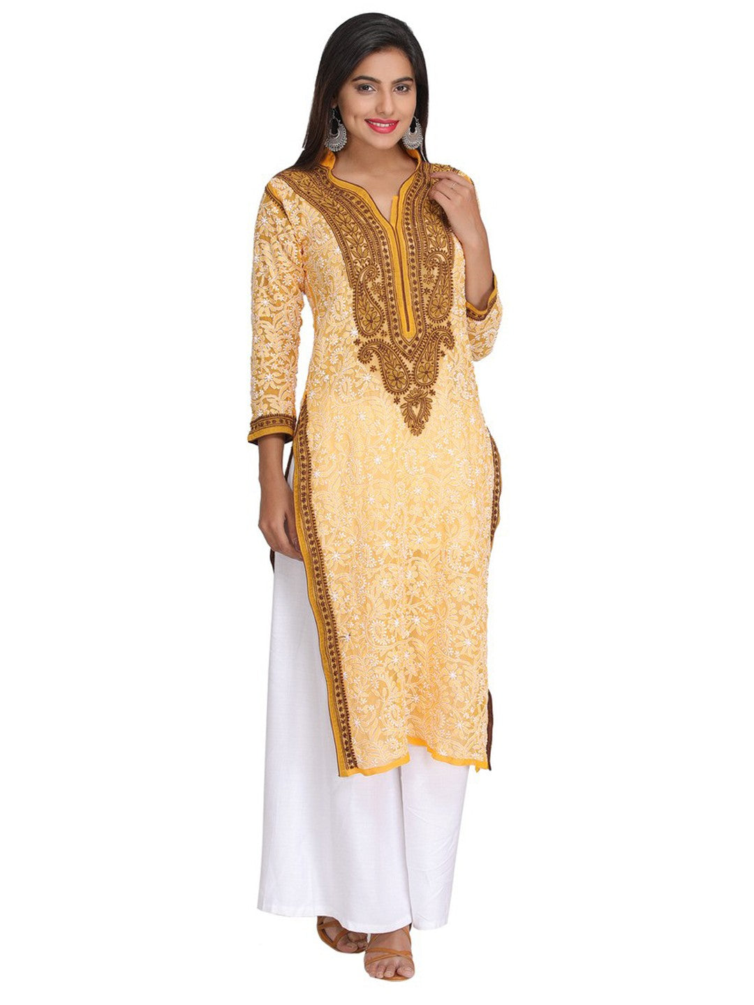 Ada Hand Embroidered Yellow Georgette Lucknow Chikan Kurta A273805