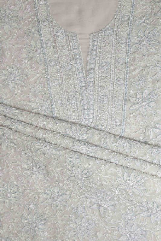 Ada Hand Embroidered White Pure Georgette Lucknowi Chikan Unstitched Kurta Dupatta Set With Pearl & Sequinned Work-A617654