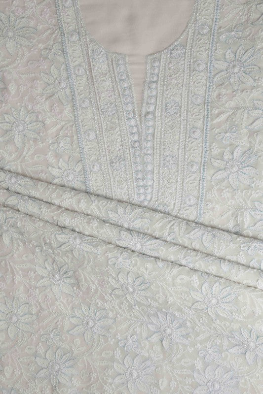 Ada Hand Embroidered White Pure Georgette Lucknowi Chikan Unstitched Kurta Dupatta Set With Pearl & Sequinned Work-A617654