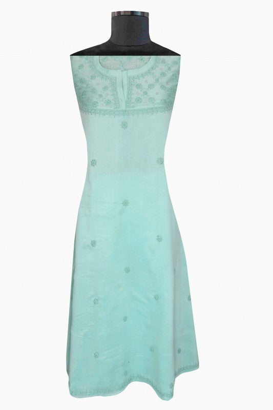 Ada Hand Embroidered Sea Green Chanderi Lucknowi Chikan Semi-Stitched Kurta Piece With Muqaish Work-A580194