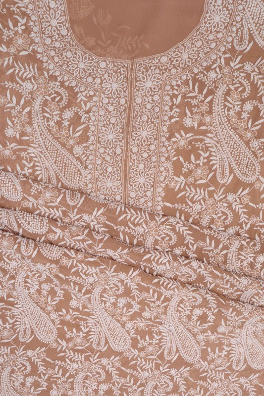 Ada Hand Embroidered Fawn Pure Georgette Lucknowi Chikan Unstitched Suit Piece A360354