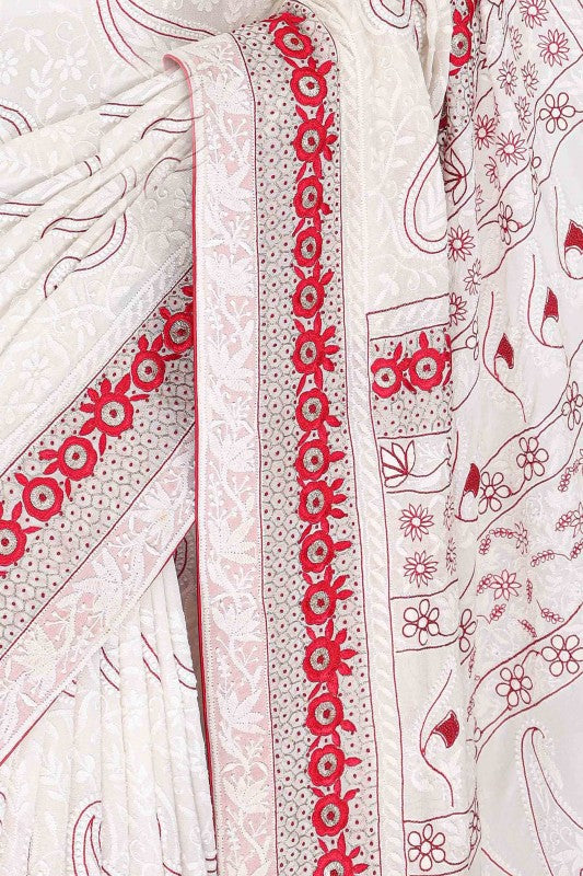 Ada Hand Embroidered Blossom White Pure Georgette Lucknowi Chikankari Saree- A72779