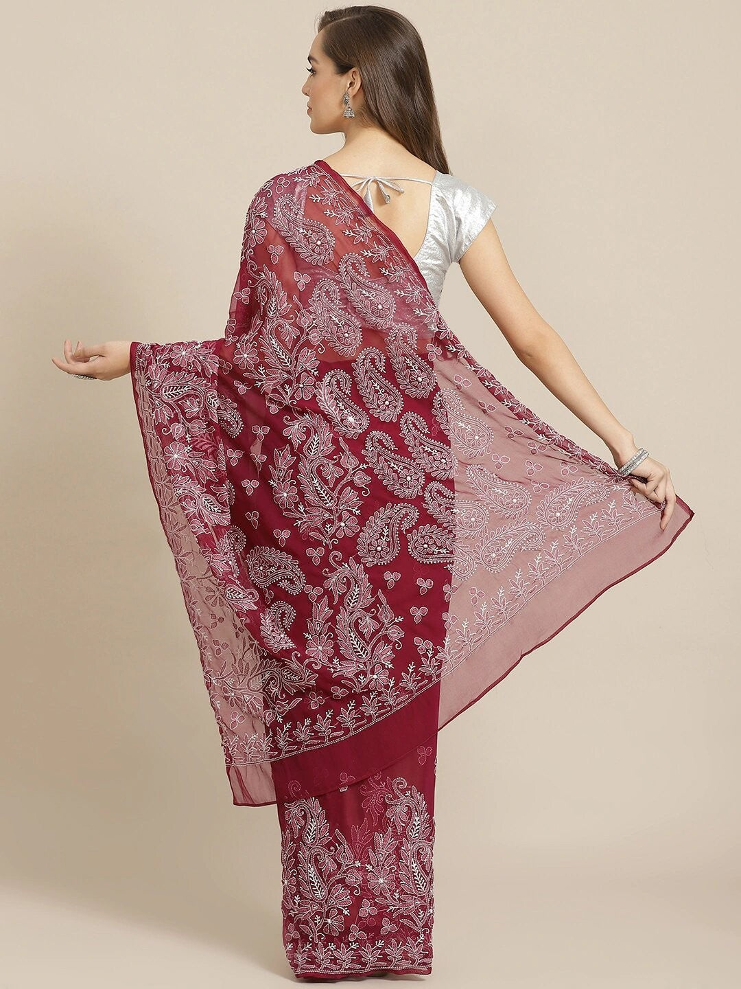 Ada Hand Embroidered Wine Georgette Lucknow Chikan Saree with Blouse A311267