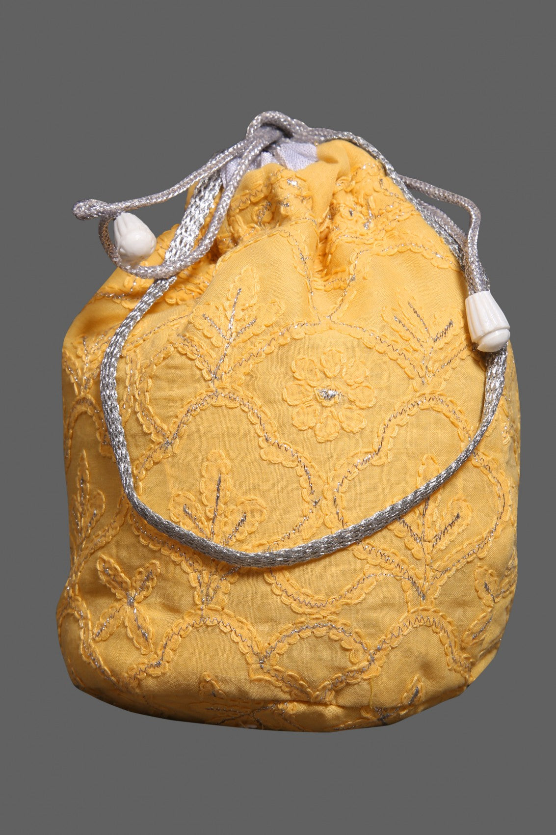 Ada Hand Embroidered Yellow Cotton Lucknowi Chikankari Potli Bag With Silver Lurex Work 01A302091