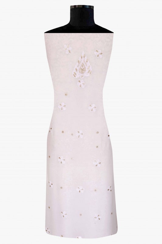 Ada Hand Embroidered White Georgette Lucknowi Chikan Unstitched Kurta Dupatta Set With Gota Patti Work - A618294