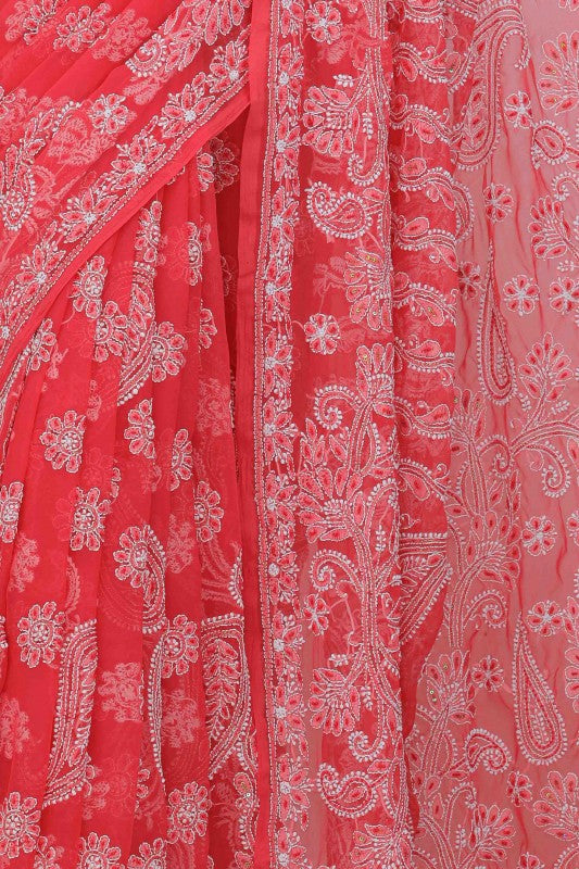 Ada Hand Embroidered Carrot Pink Georgette Lucknowi Chikankari Saree/Blouse With Pearl Work A599489
