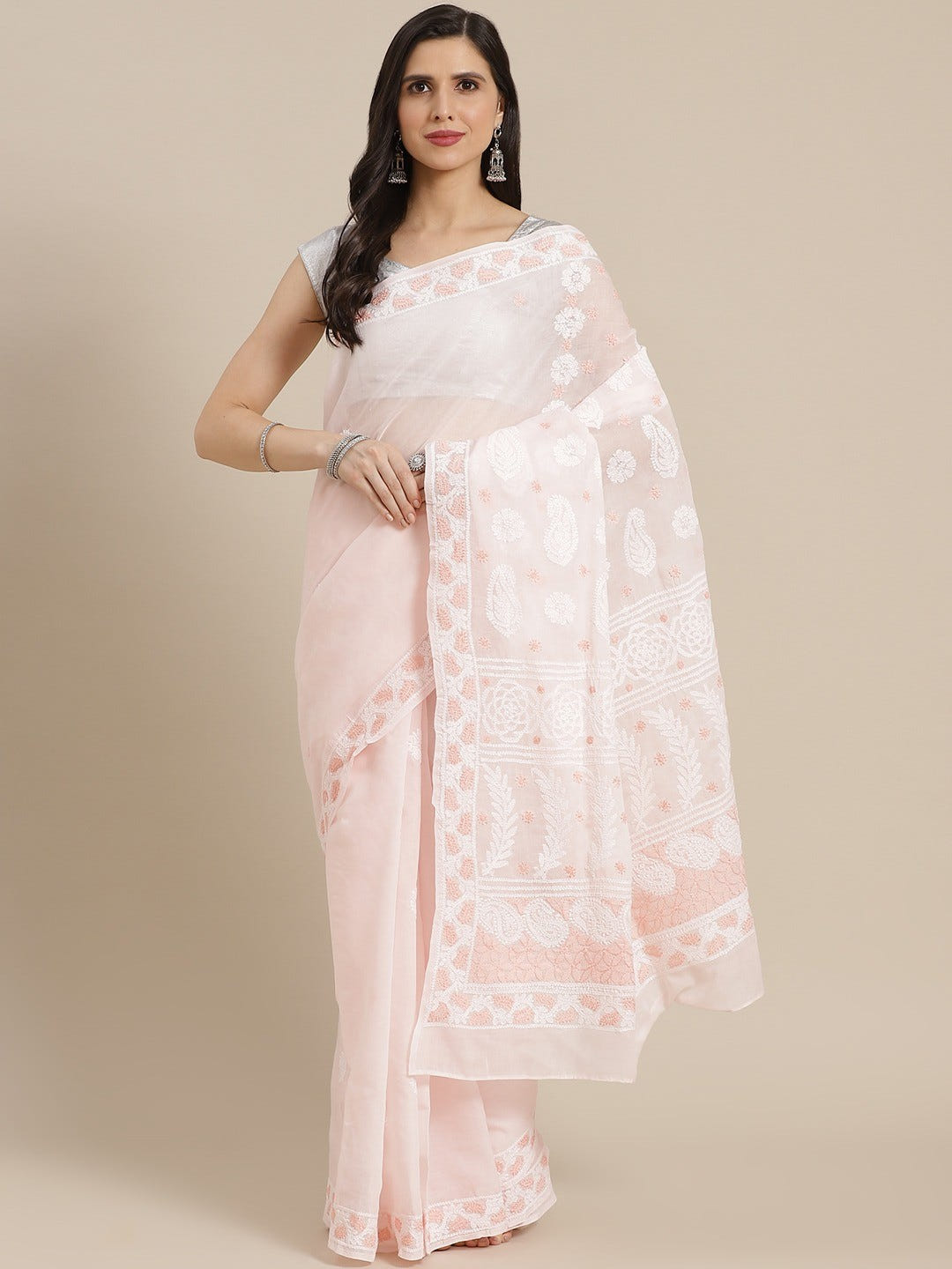 Ada Hand Embroidered Pink Cotton Lucknow Chikan Saree With Blouse A311320