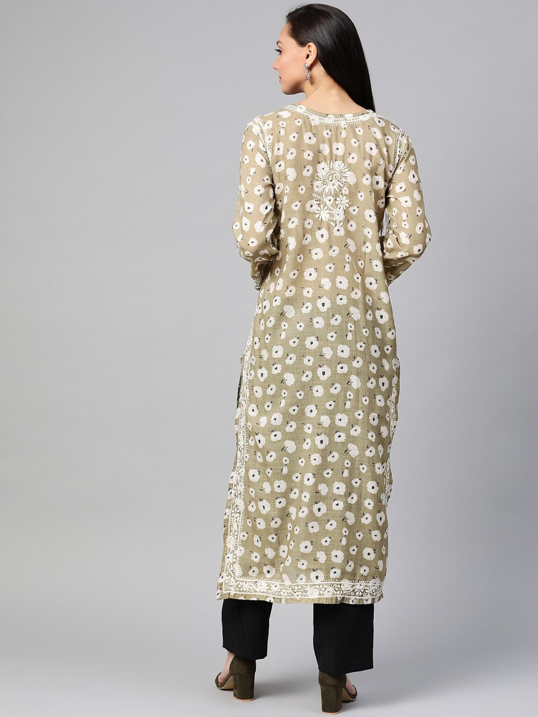 Ada Hand Embroidered Olive Green Cotton Lucknowi Chikankari Straight Kurta A100433