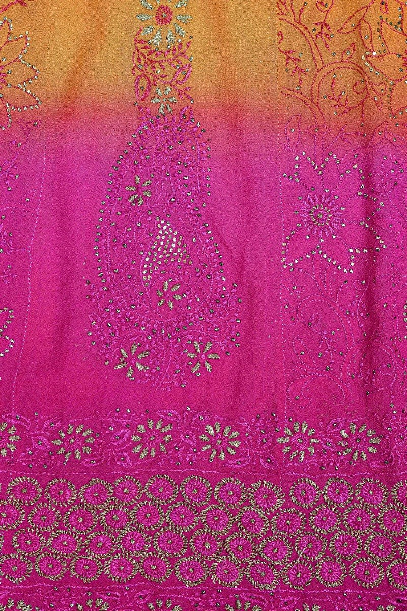 Ada Hand Embroidered Orange/Magenta Pure Georgette Semi-stitched Anarkali Kurta Dupatta Set With Muqaish Work A266362