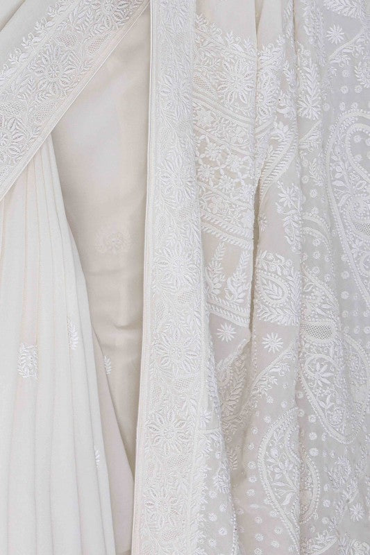 Ada Hand Embroidered White Pure Georgette Lucknow Chikan Saree with Blouse A301234